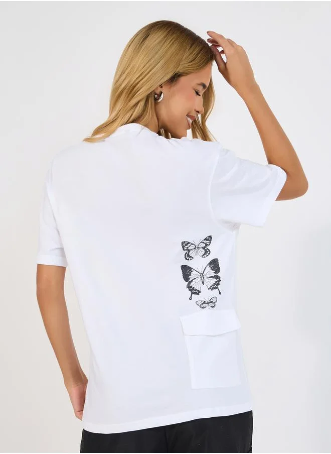 Styli Oversized Butterfly Graphic T-Shirt with Pocket Detail