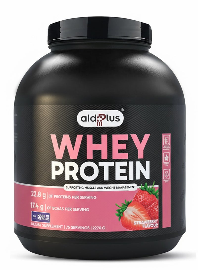 AID PLUS بروتين واي مركز بنكهة الفراولة، 2270غ | 75غ بروتين لكل حصة | لدعم نمو العضلات والتعافي | خالي من الجلوتين واللاكتوز - Image 1