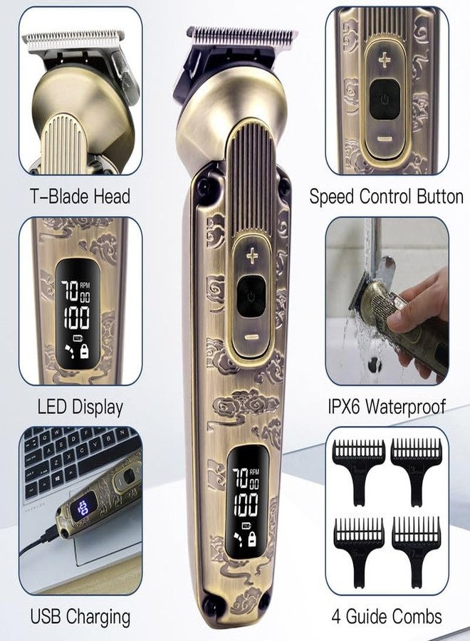Hatteker Men Ht-6188 Premium Metal Body 0 Gapped T-Blade Outlining For Barbers 0Mm Shape Up 3 Speed Motor 6000-7000Rpm Ipx6 Waterproof Usb Type-C Charging Led Display Travel Lock, Gold - Image 3