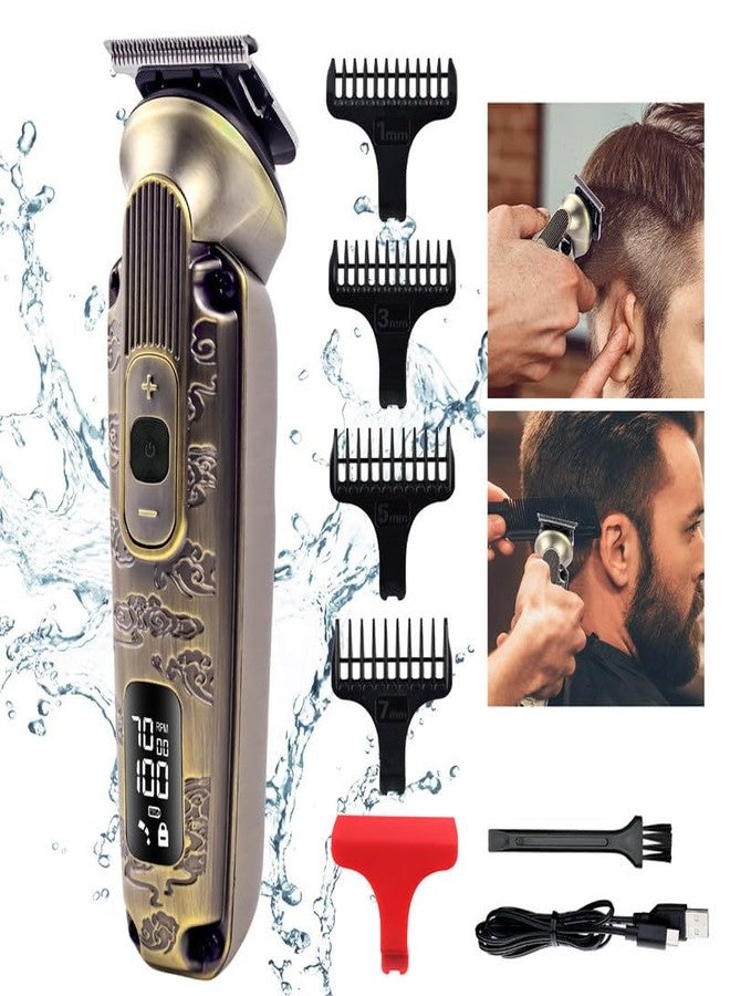 Hatteker Men Ht-6188 Premium Metal Body 0 Gapped T-Blade Outlining For Barbers 0Mm Shape Up 3 Speed Motor 6000-7000Rpm Ipx6 Waterproof Usb Type-C Charging Led Display Travel Lock, Gold - Image 2