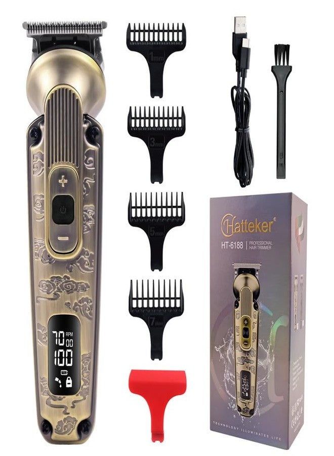 Hatteker Men Ht-6188 Premium Metal Body 0 Gapped T-Blade Outlining For Barbers 0Mm Shape Up 3 Speed Motor 6000-7000Rpm Ipx6 Waterproof Usb Type-C Charging Led Display Travel Lock, Gold - Image 1