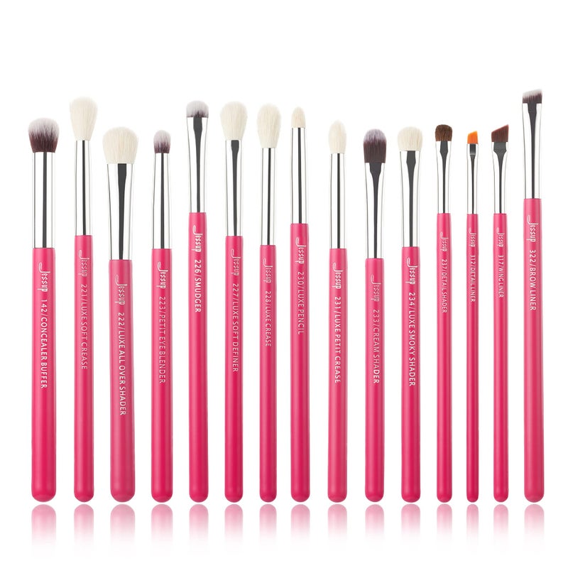 Jessup Professional Natural-Synthetic Eye Makeup Brushes Set 15pcs for Eyeshadow Blending Concealer Eyeliner Eyebrow, Rose Carmine/Silver T197 - Image 1