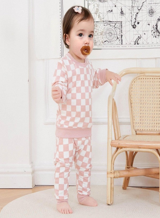 FOCUSNORM Toddler Baby Girl Fall Outfits Long Sleeve Checkerboard Print Tops Drawstring Pants Cute Litter Girl Winter Clothes (Pink, 18-24 Months) - Image 2