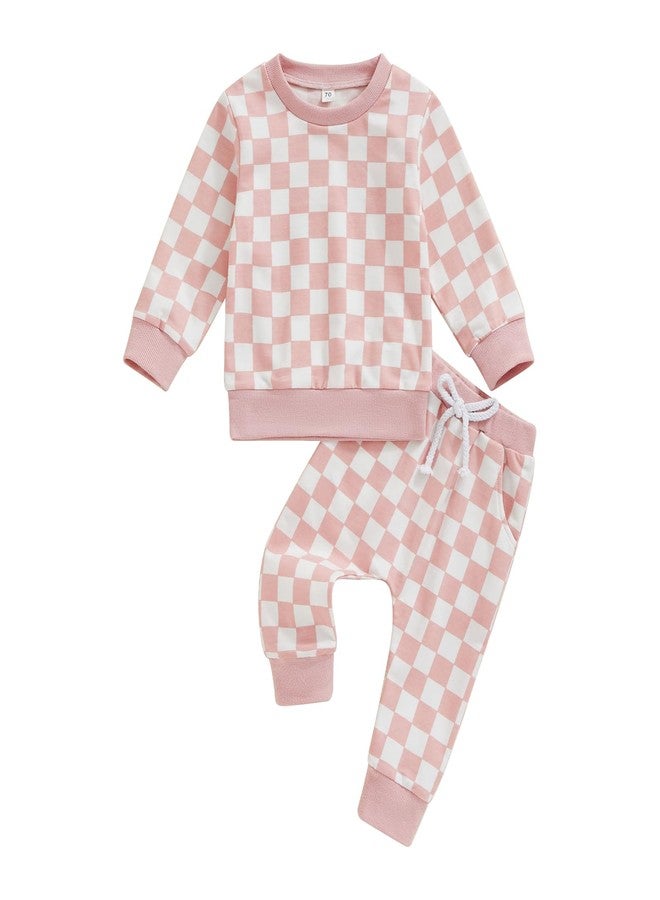 FOCUSNORM Toddler Baby Girl Fall Outfits Long Sleeve Checkerboard Print Tops Drawstring Pants Cute Litter Girl Winter Clothes (Pink, 18-24 Months) - Image 1