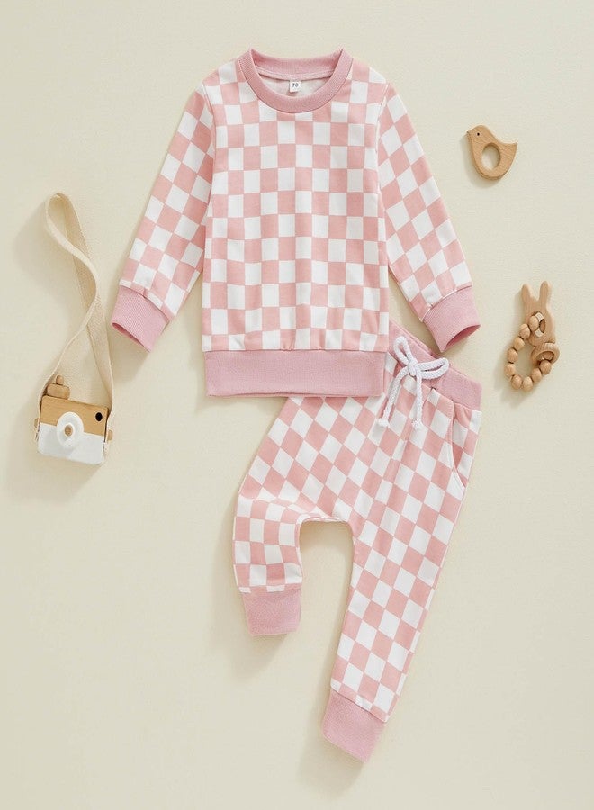 FOCUSNORM Toddler Baby Girl Fall Outfits Long Sleeve Checkerboard Print Tops Drawstring Pants Cute Litter Girl Winter Clothes (Pink, 18-24 Months) - Image 5