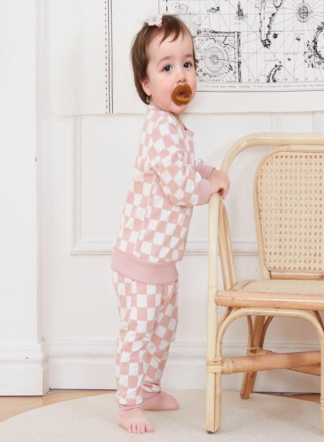 FOCUSNORM Toddler Baby Girl Fall Outfits Long Sleeve Checkerboard Print Tops Drawstring Pants Cute Litter Girl Winter Clothes (Pink, 18-24 Months) - Image 4