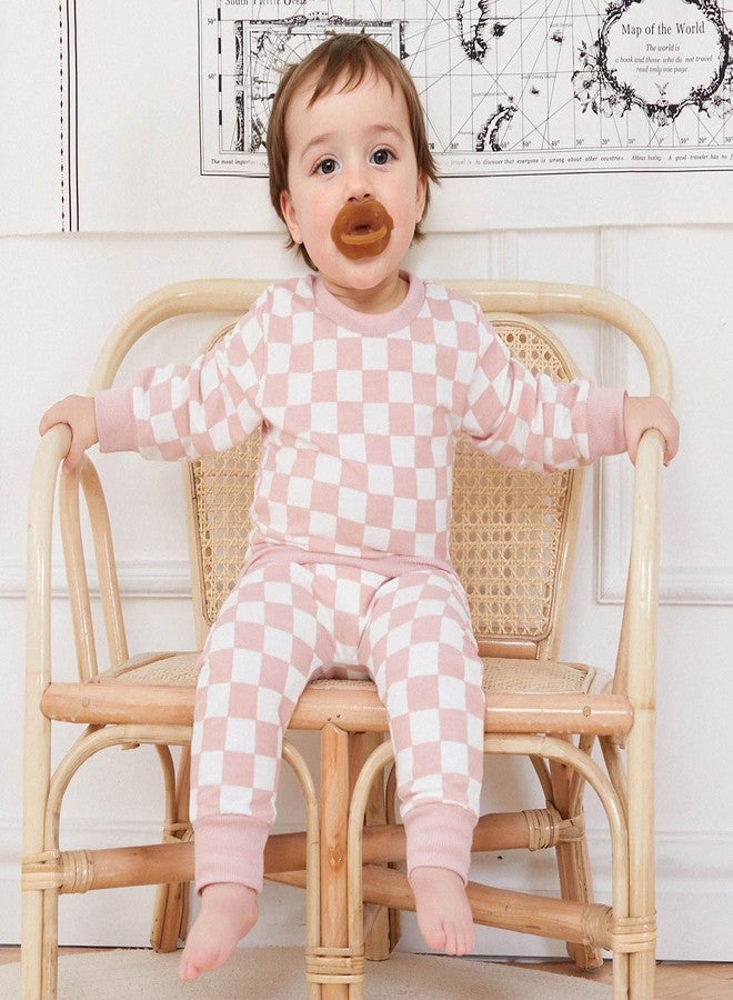 FOCUSNORM Toddler Baby Girl Fall Outfits Long Sleeve Checkerboard Print Tops Drawstring Pants Cute Litter Girl Winter Clothes (Pink, 18-24 Months) - Image 3
