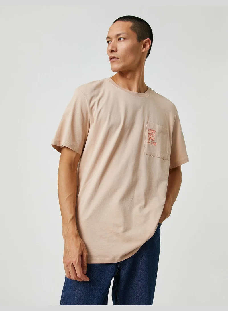 KOTON Basic T-Shirt Slogan Printed Pocket Detailed Crew Neck