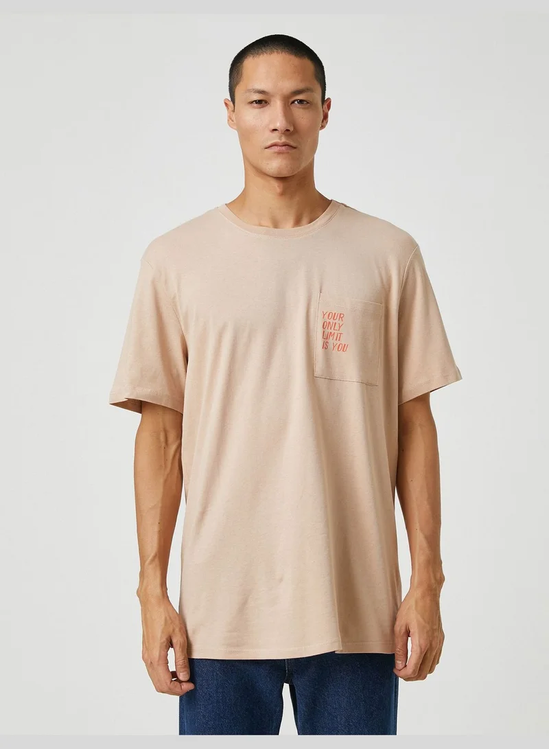 KOTON Basic T-Shirt Slogan Printed Pocket Detailed Crew Neck