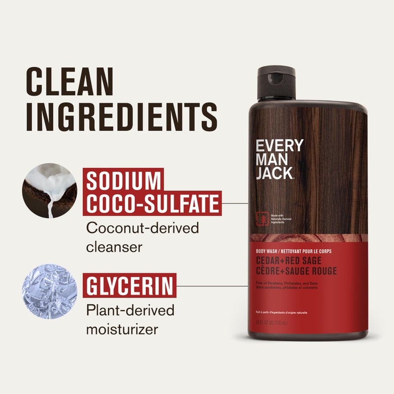 Every Man Jack Nourishing Cedar + Red Sage Mens Body Wash for All Skin Types - Naturally Derived Ingredients - Cleanse and Hydrate Skin with Coconut and Glycerin - 24oz 2 Bottles - Image 5