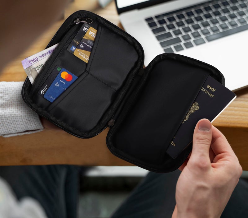 NABAAT Passport Cover for Men & Women Solo Traveler, Passport Holder, Passport Wallet Pouch Travel Organizer Bag for Documents SIM Cash Card Mobile with Wrist Strap, Black (PH2) - Image 5