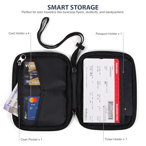 NABAAT Passport Cover for Men & Women Solo Traveler, Passport Holder, Passport Wallet Pouch Travel Organizer Bag for Documents SIM Cash Card Mobile with Wrist Strap, Black (PH2) - Image 2