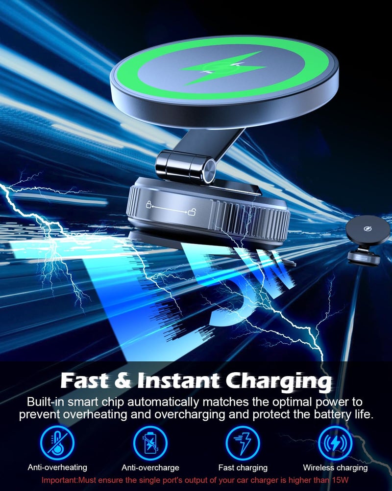 CloudValley 15W Magnetic Wireless Car Charger Mount, Nano Gel Vacuum Suction Cup Phone Holder for Dashboard & Windshield, Foldable 360° Adjustable Cell Phone Charging Stand Compatible with MagSafe - Image 2