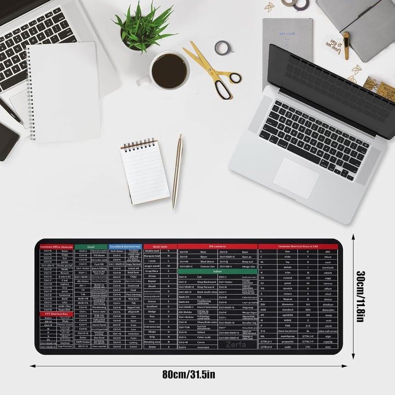 Zerfa Extra Large (800x300x2mm) Extended Gaming Laptop Mouse Pad, Thick Non-Slip Rubber Base Desk Mat Keyboard pad for PC/Computer (Office Software English Shortcut Key Design) Black - Image 5