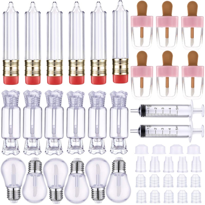 Maitys 28 Pieces Transparent Empty Lip Gloss Tube Containers Include 24 Pencil and Candy Shaped Oil Bottles Ice Cream Funny Light Bulb Balm Tube, 4 Plastic Syringe Christmas Favor for Women Girls DIY - Image 1