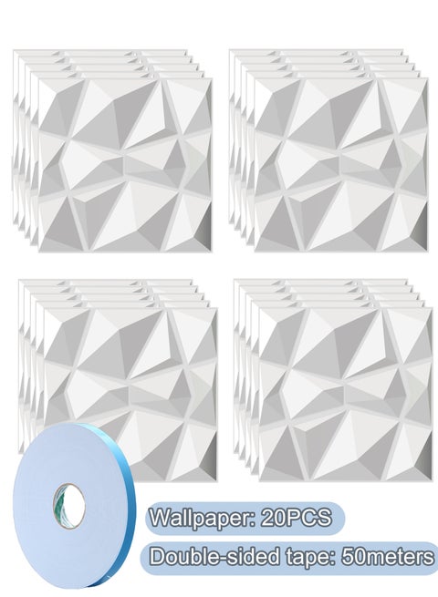 20 Pcs Diamond Design PVC 3D Wall Panels with 50M Double-Sided Adhesive, Suitable for Kitchen, Living Room, Bedroom, Bathroom, Office and Various Places, 30x30cm Each