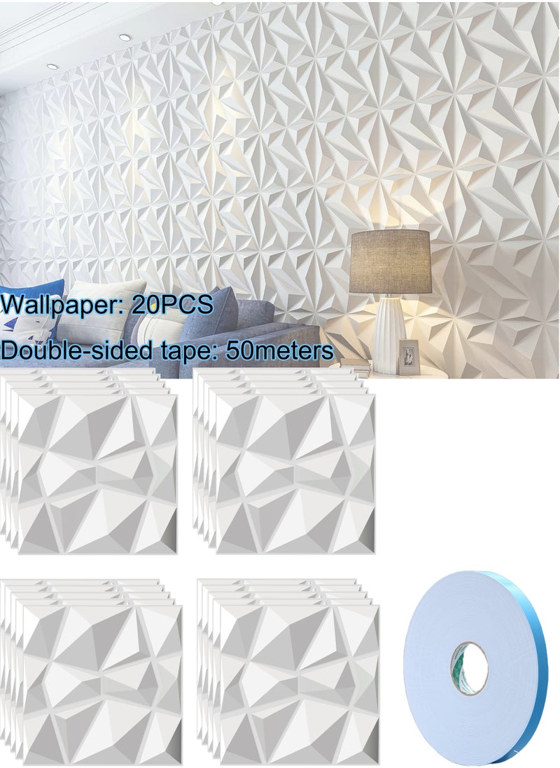 MissTiara - 20 Pcs Diamond Design PVC 3D Wall Panels with 50M Double-Sided Adhesive, Suitable for Kitchen, Living Room, Bedroom, Bathroom, Office and Various Places, 30x30cm Each - Image 1