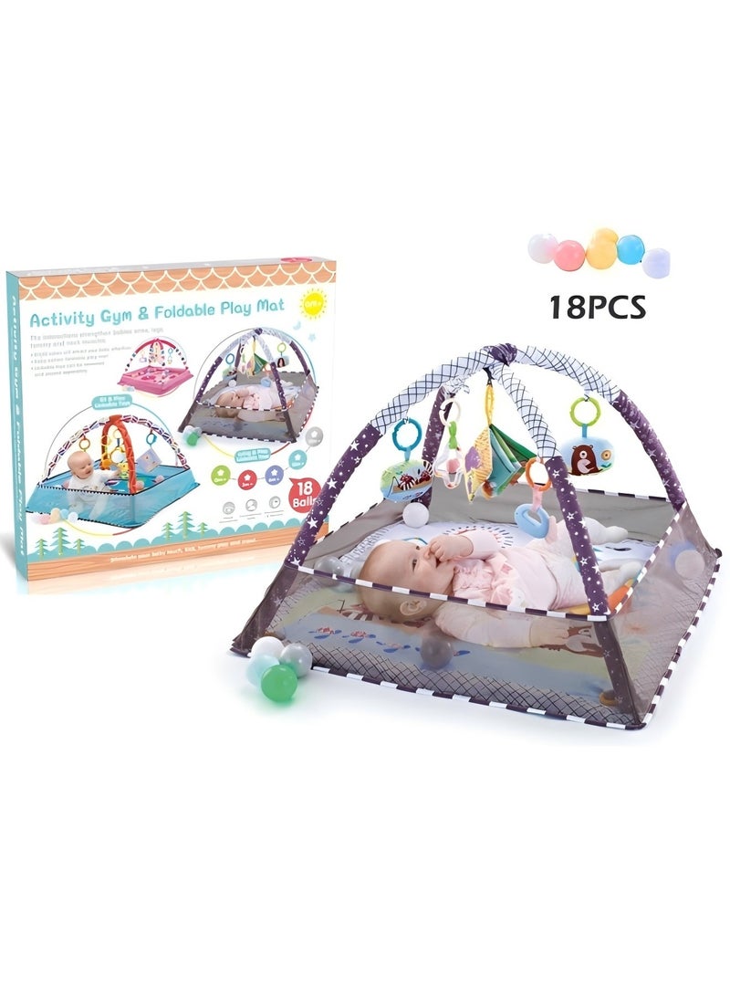 دي إم جي بساط لعب لصالة الألعاب الرياضية للأطفال، بساط لعب لأرضية الأطفال من دي إم جي مع 5 ألعاب معلقة و18 كرة محيطية لتنمية المهارات الحسية والحركية، سجادات لعب غير قابلة للانزلاق وقابلة للغسل للرضع من عمر 0 ​​إلى 18 شهرًا - Image 1