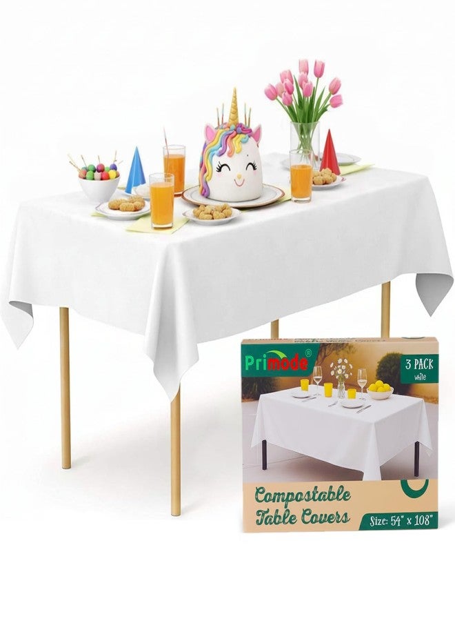 Primode Compostable Tablecloths for Rectangle Tables 54''x108'' - 3 Count Disposable Tablecloth Indoor Outdoor Compost Tablecover Dining Picnic Birthday Party Rectangular Table Cover (White) - Image 1