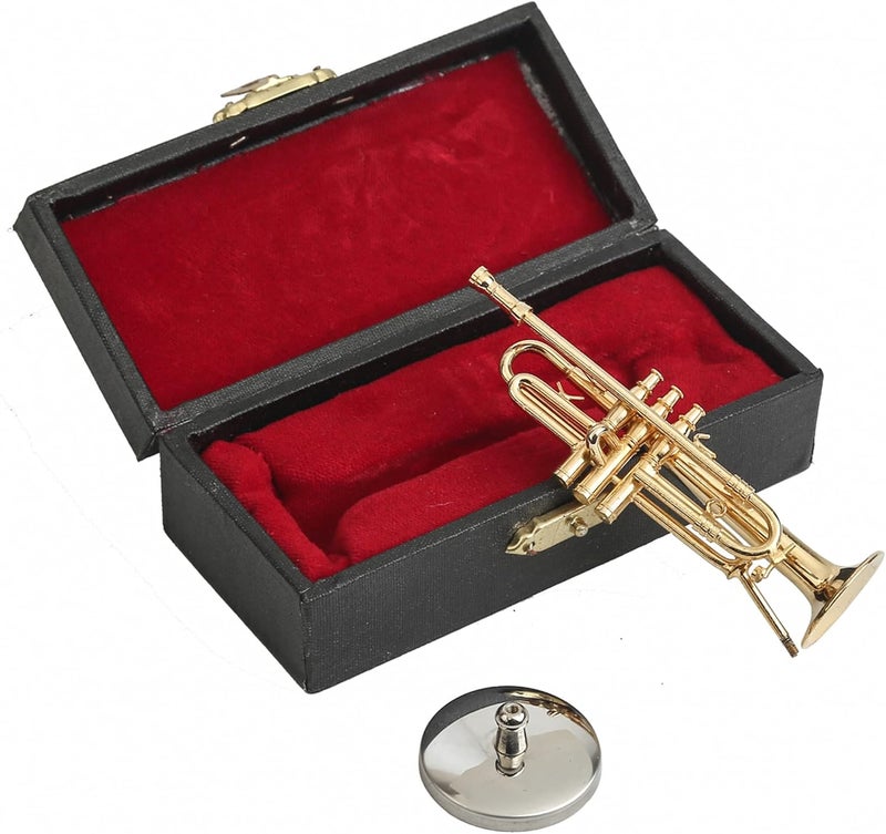 Dselvgvu Miniature Trumpet with Stand and Case Brass Mini Musical Instrument Trumpet Replica Collectible Figurines Dollhouse Accessories Model Home Decoration Display Ornament (3.46"x0.91") - Image 5