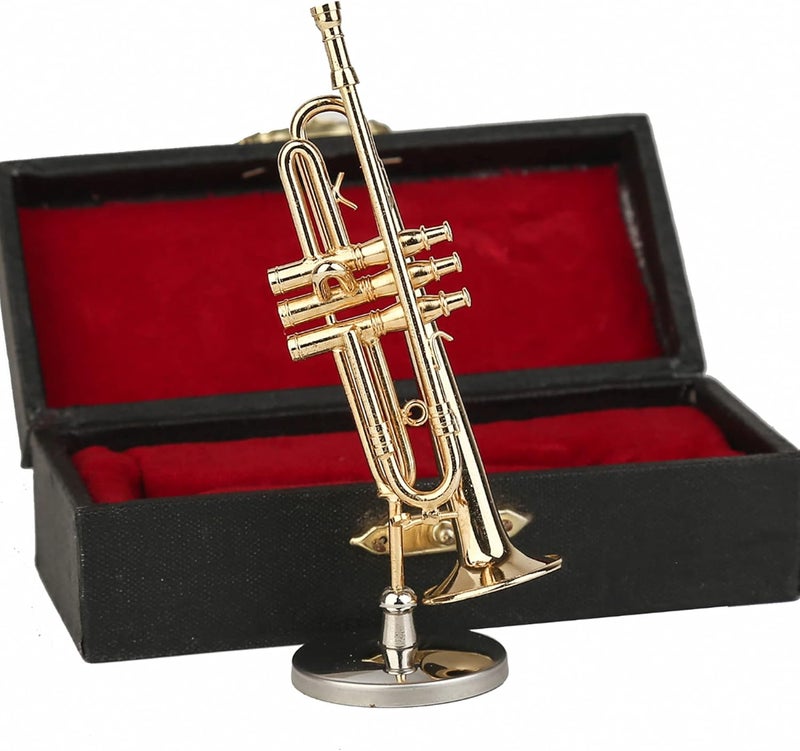 Dselvgvu Miniature Trumpet with Stand and Case Brass Mini Musical Instrument Trumpet Replica Collectible Figurines Dollhouse Accessories Model Home Decoration Display Ornament (3.46"x0.91") - Image 4
