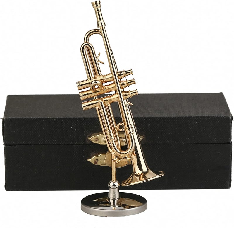 Dselvgvu Miniature Trumpet with Stand and Case Brass Mini Musical Instrument Trumpet Replica Collectible Figurines Dollhouse Accessories Model Home Decoration Display Ornament (3.46"x0.91") - Image 1