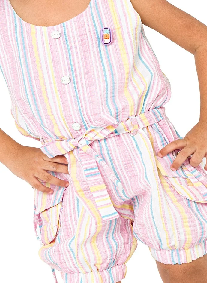 babyqlo Colorful pink striped jumpsuit with pockets for girls