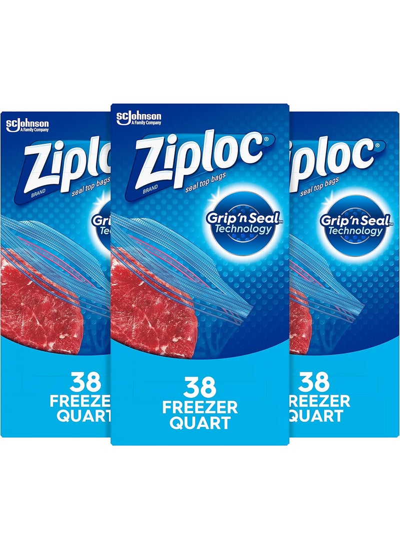 Ziploc Ziploc Freezer Bags with New Grip n Seal Technology Quart 38 Count Pack of 3 114 Total Bags  - Image 1