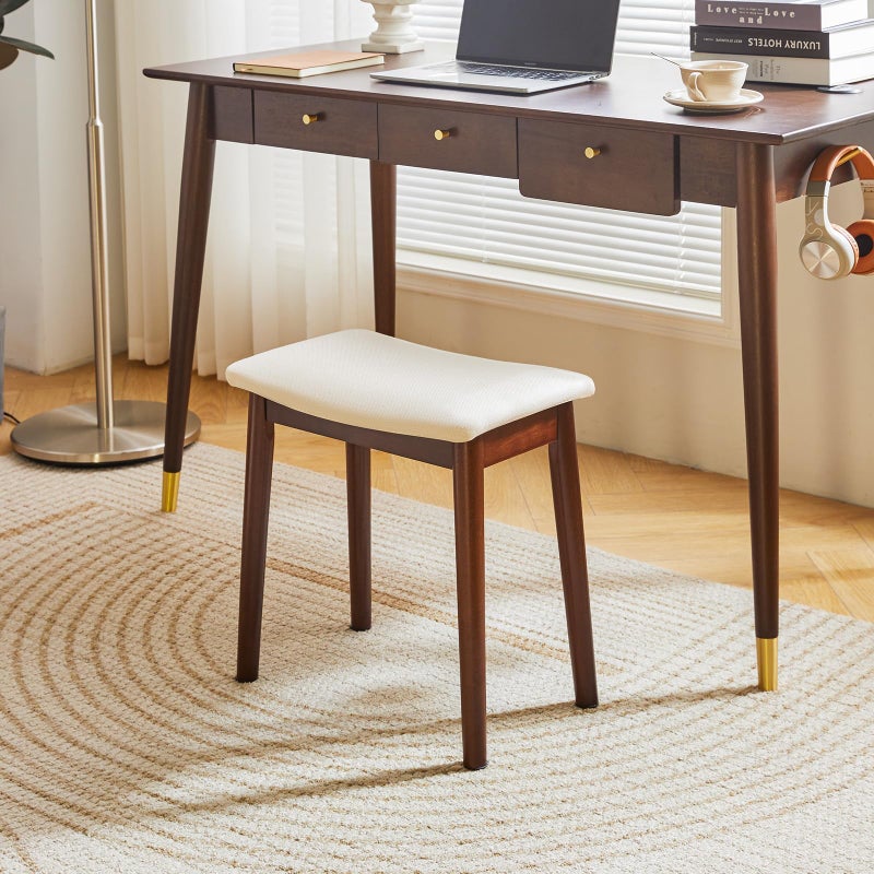 IBUYKE Saddle Cushion Vanity Stool Chair, Foot Rest Stool with Solid Wood Legs, Modern Vanity Bench Ottoman for Piano, Upholstered Seat for Bedroom, Entryway, Walnut Legs&Off White WBD007HM - Image 2