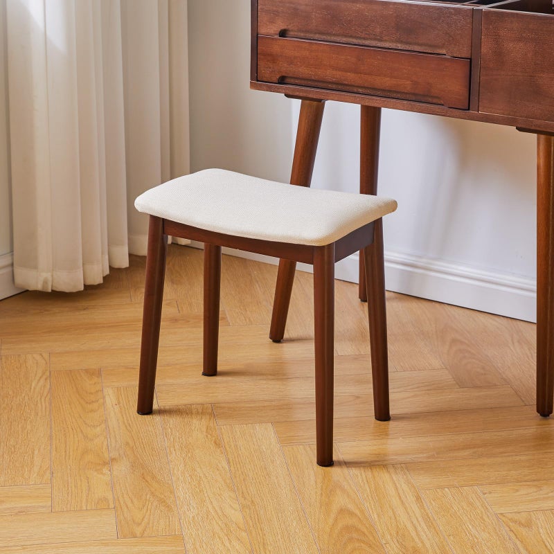 IBUYKE Saddle Cushion Vanity Stool Chair, Foot Rest Stool with Solid Wood Legs, Modern Vanity Bench Ottoman for Piano, Upholstered Seat for Bedroom, Entryway, Walnut Legs&Off White WBD007HM - Image 5