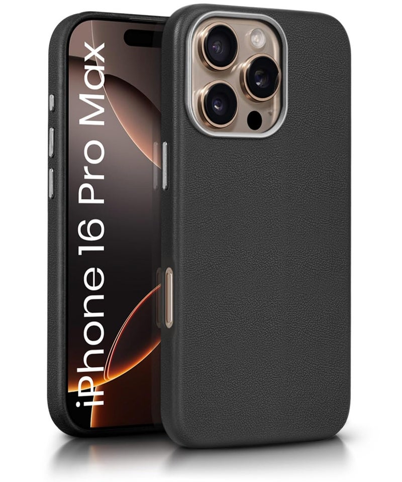 WOW IMAGINE Back Cover for iPhone 16 Pro Max | Shockproof Tough Leather Texture Hard Mobile Case | Ultra Slim Non-Slip Grip | Inner Velvet Fabric | Metal Camera Ring – Black - Image 1
