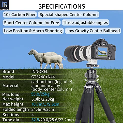 Innorel Carbon Fiber Tripod- Gt324C Professional Compact Tripod For Dslr Camera Heavy Duty Stand With Low Gravity Center Ball Head Special-Shaped Center Column Max Load 55Lbs 25Kg - Image 2