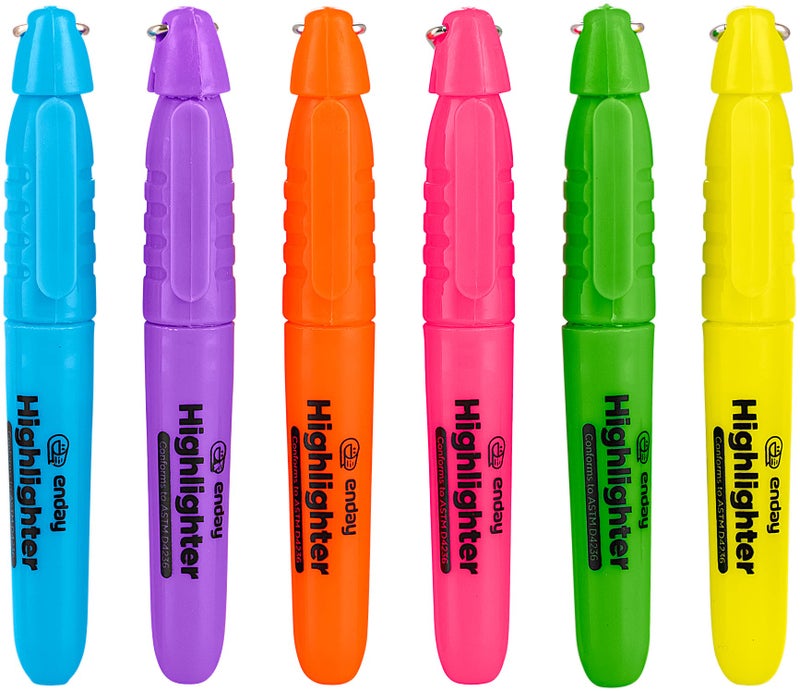 Enday Highlighter Assorted Colors, Mini Colored Highlighters Chisel Tip, Cap with Clip & Keychain Ring, Fluorescent Yellow, Green, Red, Blue, Orange, Purple - Image 1