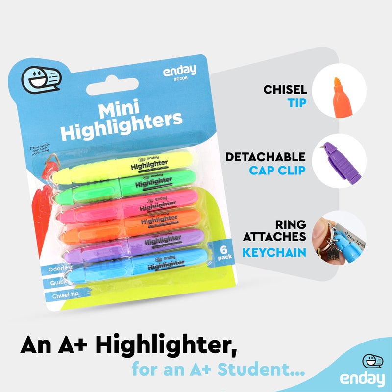 Enday Highlighter Assorted Colors, Mini Colored Highlighters Chisel Tip, Cap with Clip & Keychain Ring, Fluorescent Yellow, Green, Red, Blue, Orange, Purple - Image 3