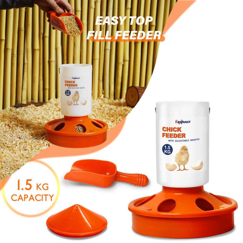 Eggluuz Chick Feeder and Waterer Kit, Top Fill 1.5kg Chick Feeder and 1.5L Chick Waterer with 3 Adjustable Heights - Image 2