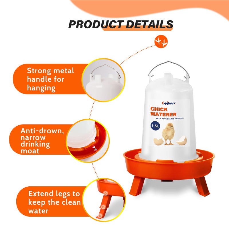 Eggluuz Chick Feeder and Waterer Kit, Top Fill 1.5kg Chick Feeder and 1.5L Chick Waterer with 3 Adjustable Heights - Image 3