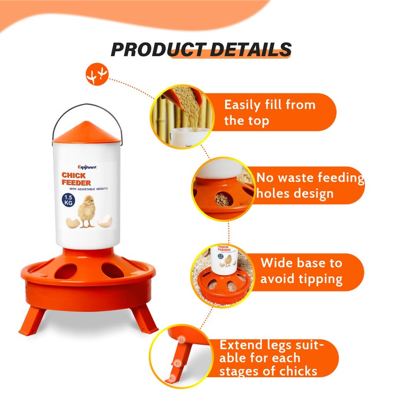 Eggluuz Chick Feeder and Waterer Kit, Top Fill 1.5kg Chick Feeder and 1.5L Chick Waterer with 3 Adjustable Heights - Image 4