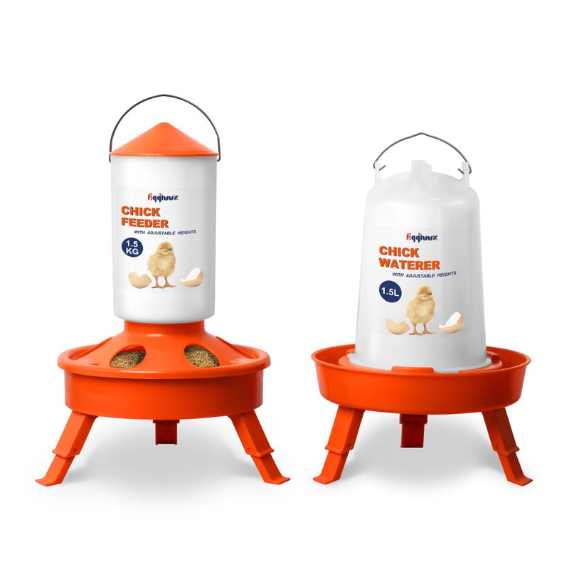 Eggluuz Chick Feeder and Waterer Kit, Top Fill 1.5kg Chick Feeder and 1.5L Chick Waterer with 3 Adjustable Heights - Image 1