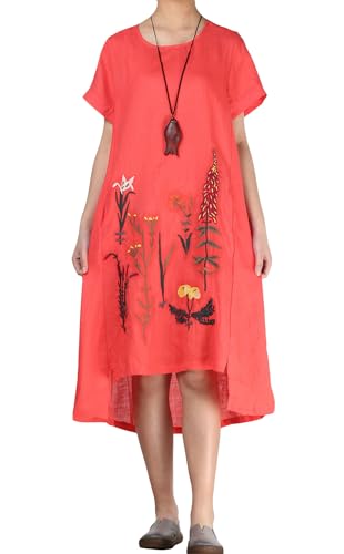 Minibee Women's Embroidered Linen Dress Summer A-Line Sundress Hi Low Tunic Clothing Red M - Image 2