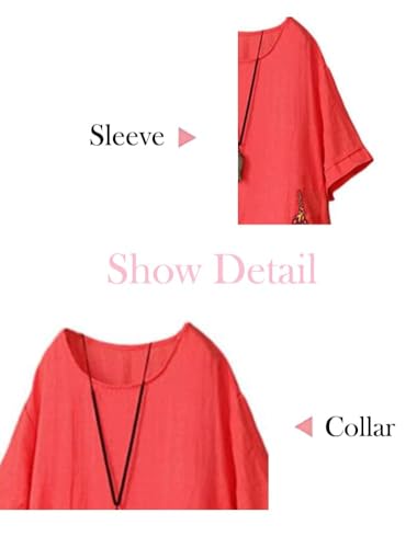 Minibee Women's Embroidered Linen Dress Summer A-Line Sundress Hi Low Tunic Clothing Red M - Image 5