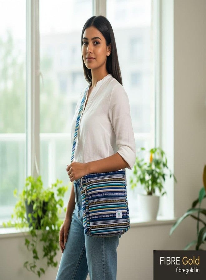 FIBREGOLD Striped Crossbody Bag, Blue Multi-Color, Ethnic Pattern, Adjustable Shoulder Strap, Casual Sling Bag - Image 3
