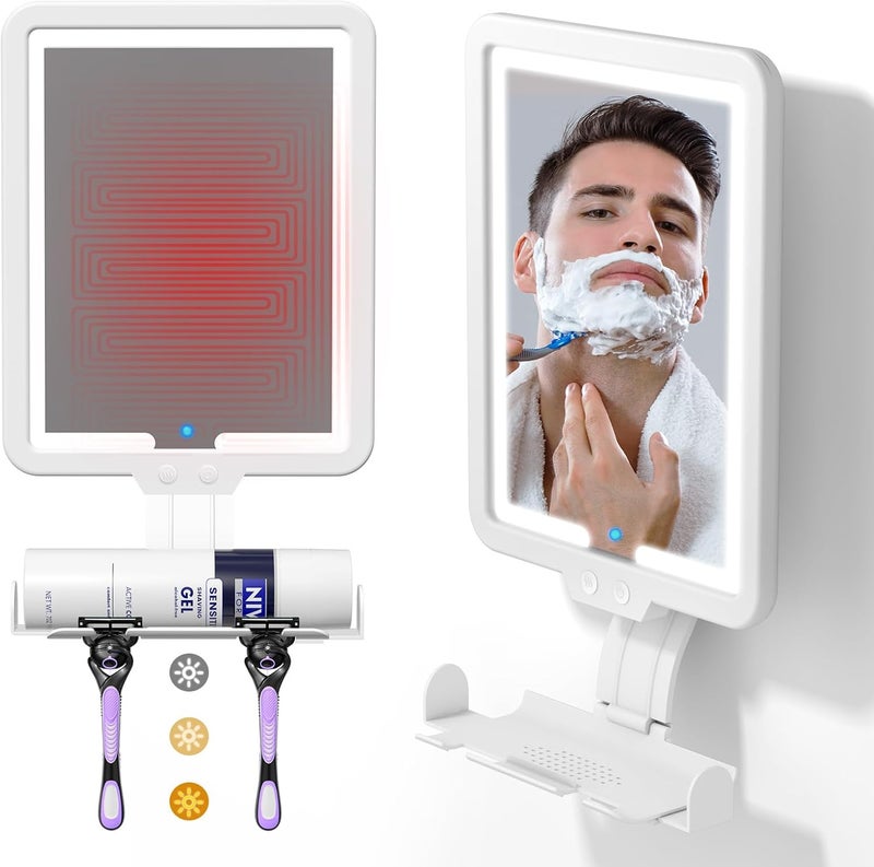 Junyaoxuan Heated Anti-Fog Shower Shaving Mirror,LED Shower Mirror Fogless for Shaving with 3 color modes,9.5 * 8 Inch Dimmable Shaving Mirror with Storage Tray and Razor Holder,White - Image 1