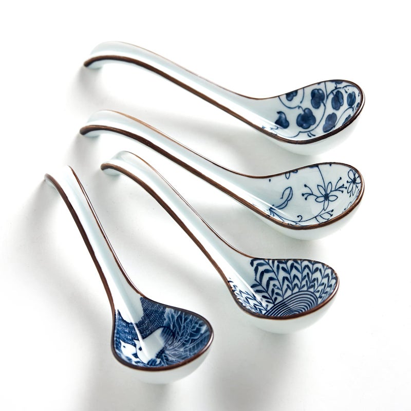 Ceramic Asian Soup Spoons Easy to Hold Long Handle Perfect Depth Spoon Set for Japanese Ramen Noodles Chinese Dumpling Pho Miso Wonton Dishwasher Safe Set of 4  Blue