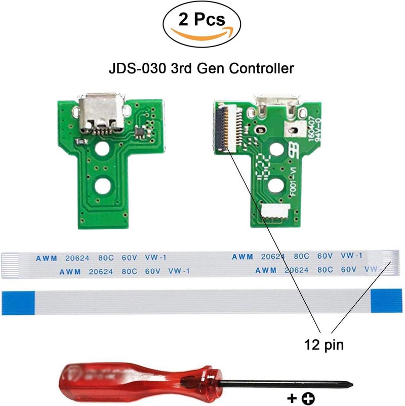 Rinbers حزمة من 2 قطع JDS-030 منفذ شحن بديل محول Micro USB مقبس شحن لوحة دائرة كهربائية مع كابل مرن 12 سنًا لوحدة تحكم Sony PS4 الجيل الثالث DualShock 4 - Image 2
