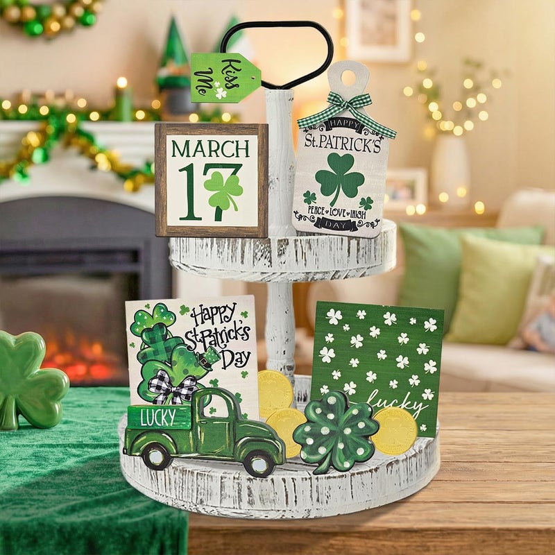 Sm:)e Smile St.Patrick's Day Wooden Decor Complete Tiered Tray Decor Set, Shamrock Happy St.Patrick's Day Lucky, Tabletop Shelf Lucky Holiday Decoration - Image 5