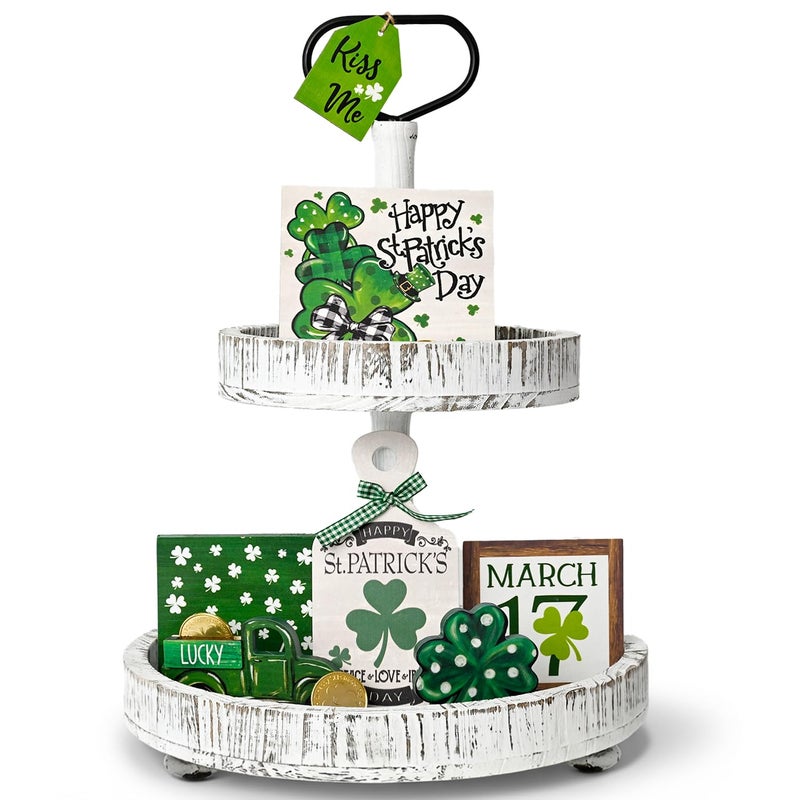 Sm:)e Smile St.Patrick's Day Wooden Decor Complete Tiered Tray Decor Set, Shamrock Happy St.Patrick's Day Lucky, Tabletop Shelf Lucky Holiday Decoration - Image 1