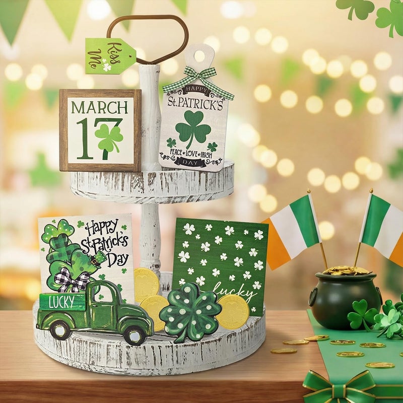 Sm:)e Smile St.Patrick's Day Wooden Decor Complete Tiered Tray Decor Set, Shamrock Happy St.Patrick's Day Lucky, Tabletop Shelf Lucky Holiday Decoration - Image 3