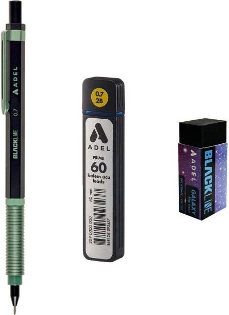 Adel - Blackline Metal Body Mechanical Pencil 0.7 mm Green-Black + Prime 0.7 Tip 60 pcs + Eraser - Image 1