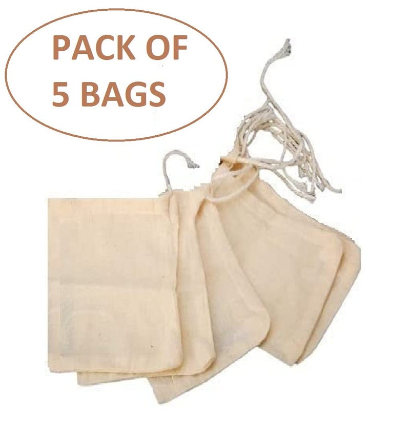 WUD 5Pcs. Unbleached Muslin Cotton Cheese Cloth Bags for Kitchen,for Straining Juice as Strainer,Masala Potli,Spice Bag,Making Paneer 7x5inches (5 Muslin Bags(7x5 inches)) - Image 2