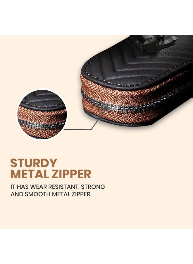 keyzone Unisex Chevron Pattern Leather Car Key Holder pouch Bag, Keychain Case Wallet with Zipper Closure (Brown) - Image 5